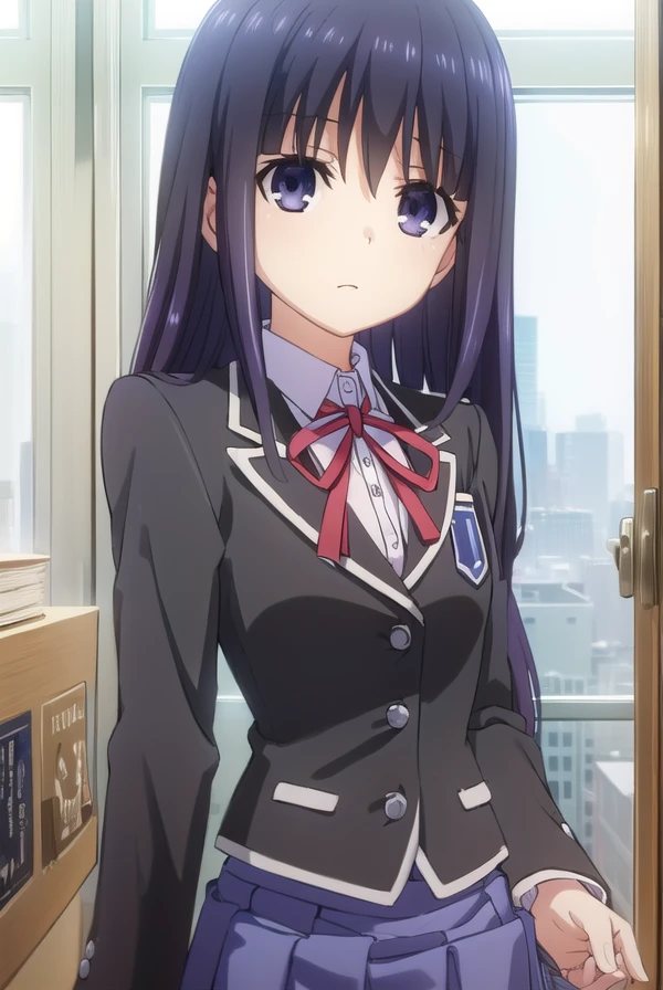 miifujibakama, <lora:mii fujibakama s2-lora-nochekaiser:1>,
mii fujibakama, long hair, black hair, (purple eyes:1.1), glasses,
BREAK school uniform, blazer, black blazer, shirt, white shirt, collared shirt, skirt, blue skirt, ribbon, red ribbon,
BREAK indoors, classroom,
BREAK looking at viewer, (cowboy shot:1.5),
BREAK <lyco:GoodHands-beta2:1>, (masterpiece:1.2), best quality, high resolution, unity 8k wallpaper, (illustration:0.8), (beautiful detailed eyes:1.6), extremely detailed face, perfect lighting, extremely detailed CG, (perfect hands, perfect anatomy),