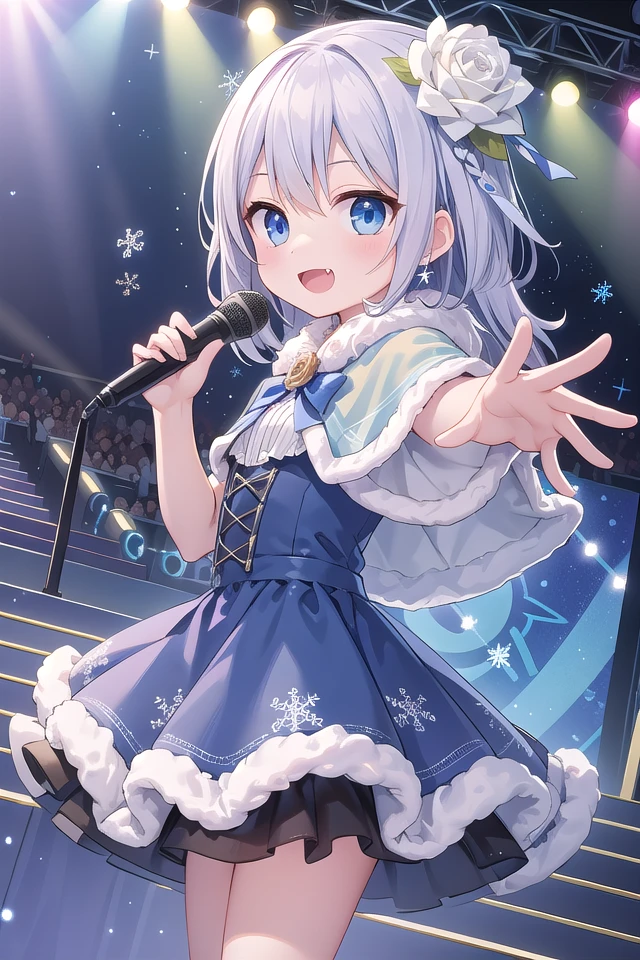 girl,audience,blue capelet,blue dress,blue eyes,capelet,catwalk (walkway),dot nose,dress,dutch angle,fang,film grain,flower,from side,fur-trimmed capelet,fur-trimmed dress,fur trim,glowstick,hair down,hair flower,hair ornament,holding,holding microphone,idol,idol clothes,lens flare,long hair,looking at viewer,microphone,open mouth,outstretched arm,rose,smile,snowflakes,solo,sparkle,stage,stage lights,star (symbol),white flower,white rose ,