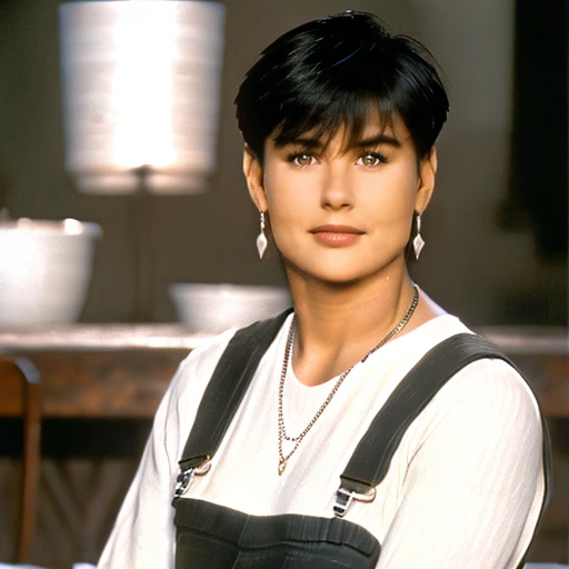 (((full body))) <lora:DemiMooreYoungv2Lora:1> woman, with, earrings, necklace, young sitting on a pottery table with short hair wearing dungarees and a pullover and pants ((doing pottery)),beautiful girl, high detail skin, high detail eyes, high detail hair,