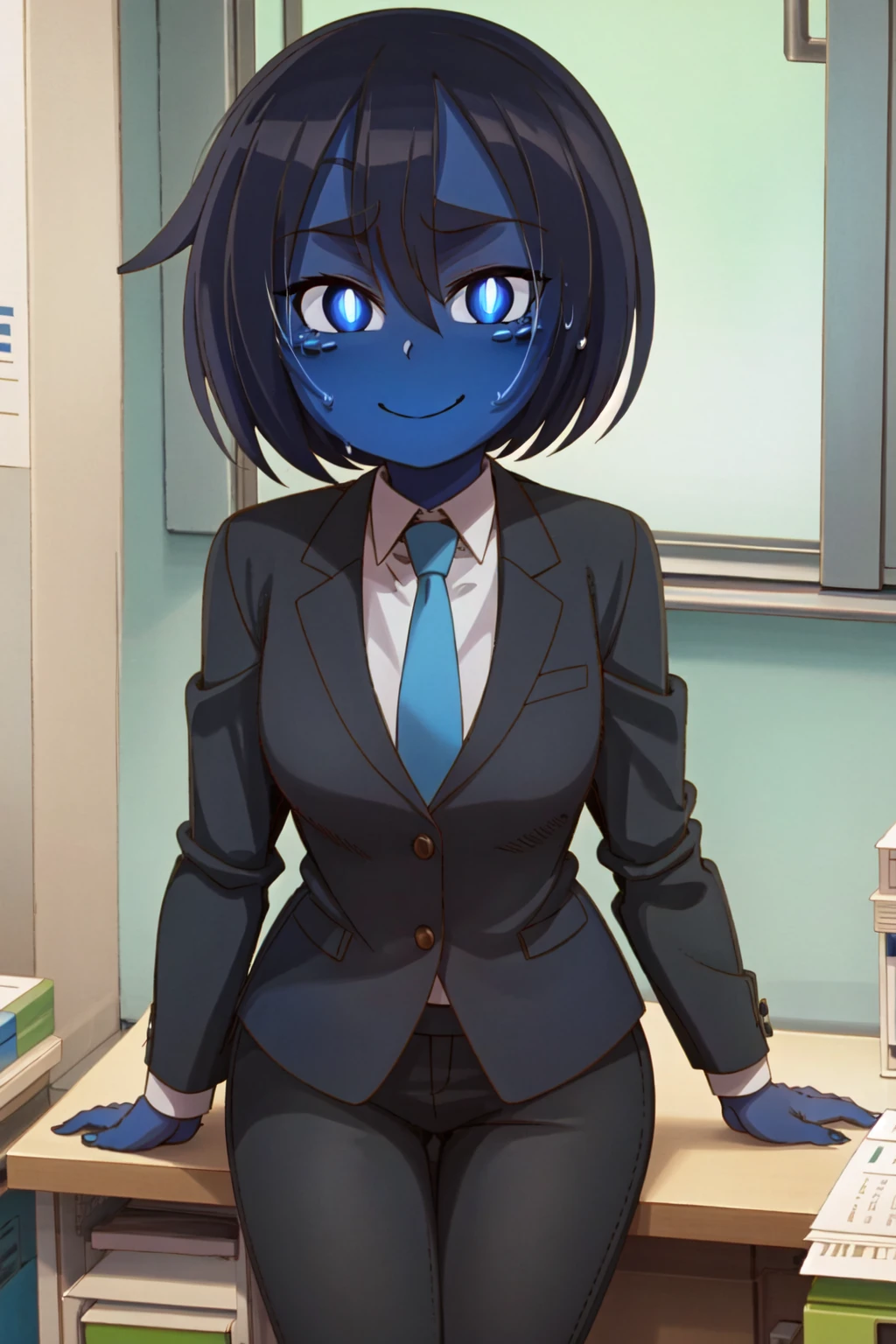 ((1girl, solo)), (blue skin), colored skin, masterpiece, best quality, glowing eyes, Smouldie, short hair, smile, office, black blazer, white collar shirt, blue necktie, black pants, looking at viewer, sweating <lora:Smolder1_1:0.9> <lora:kdm-style-v14h:0.8> kdm style, illumination