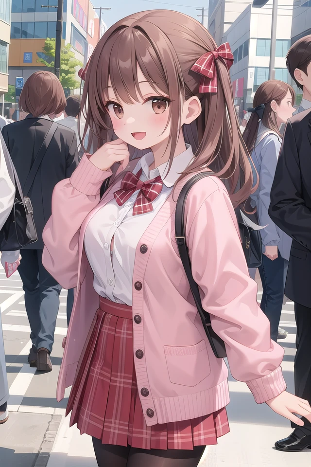 insanely detailed, absurdres, ultra-highres, ultra-detailed, best quality,
1girl, solo, nice hands, perfect hands,
BREAK
(School Uniforms:1.2), (pink cardigan is fit body:1.4), ((do up a buttons, not loose):1.5), ((long sleeve, sleeves past wrists):1.2), (inner wear is white collared-shirt:1.3), (red plaid-pattern bow:1.3), (red plaid-pattern pleated skirt:1.3), ((dark-brown pantyhose, loafers):1.2) ,
BREAK
happy smile, laugh, open mouth, standing,
from side,
cute pose, cowboy shot,
BREAK
slender, kawaii, perfect symmetrical face, ultra cute girl, ultra cute face, ultra detailed eyes, ultra detailed hair, ultra cute, ultra beautiful,
BREAK
in harajuku, shibuya, tokyo, street, crowd, cityscape,
BREAK
medium large breasts,
(brown hair, brown eyes), hime cut