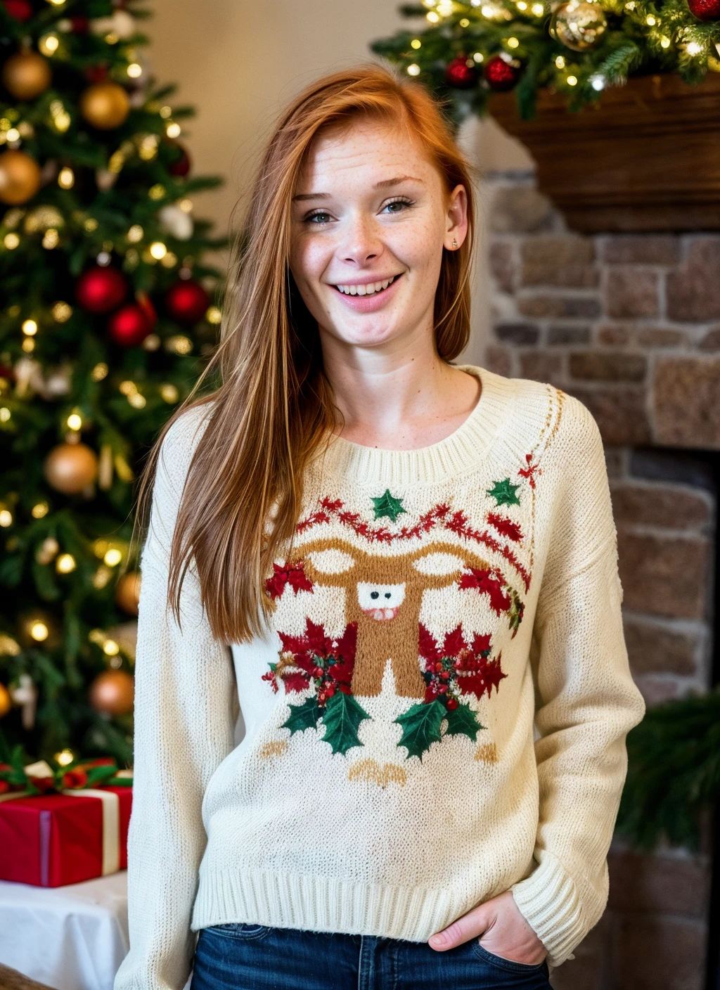 RAW photo of 20 years old alextanner-ti, natural lighting, 8k uhd, dslr, high quality, film grain, Fujifilm XT3, <lora:add_detail:0.7>, by Imogen Cunningham, christmas theme, young, wearing a sweater