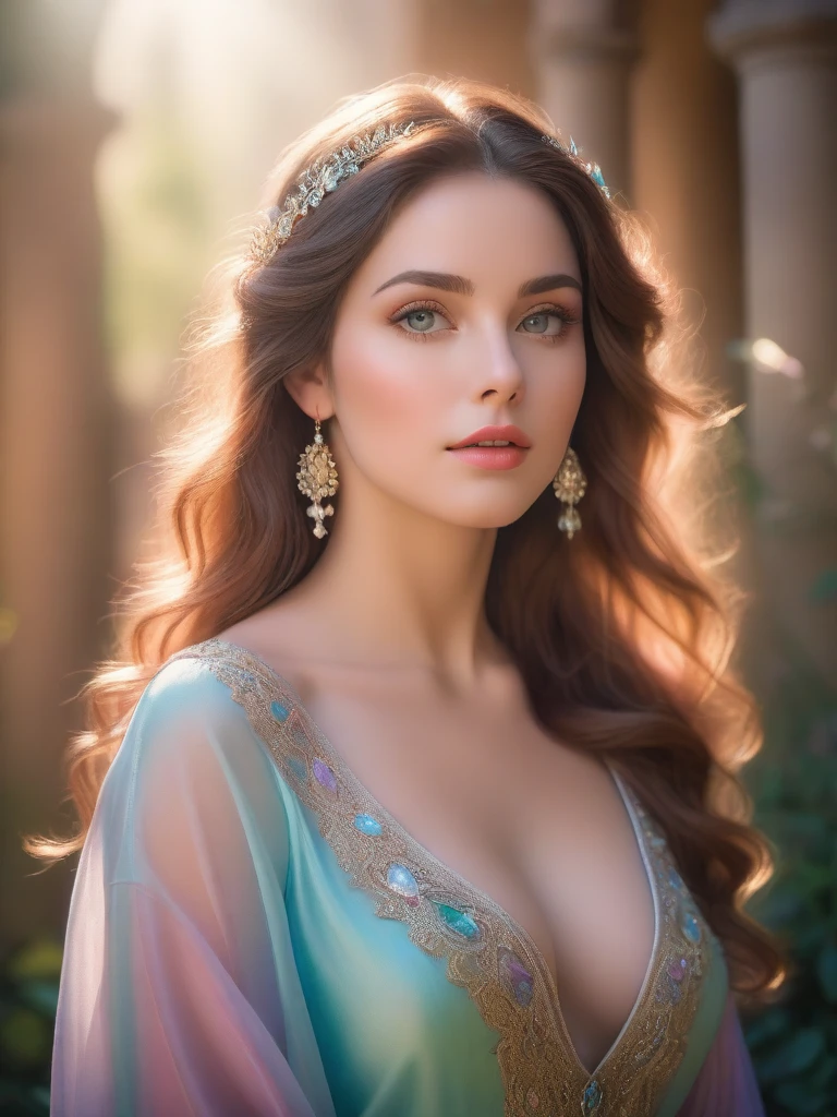 Key art, a beautiful woman, pastel colors, intricately detailed, masterpiece, award winning art, deep serenity is infused throughout the imagery, evocative, expressive, emotive art, 8k, hdr, best quality,realistic,masterpiece,photography,RAW photo,highres,(absurdres:1.2),Kodak Protre 400,film grain,lens flare,