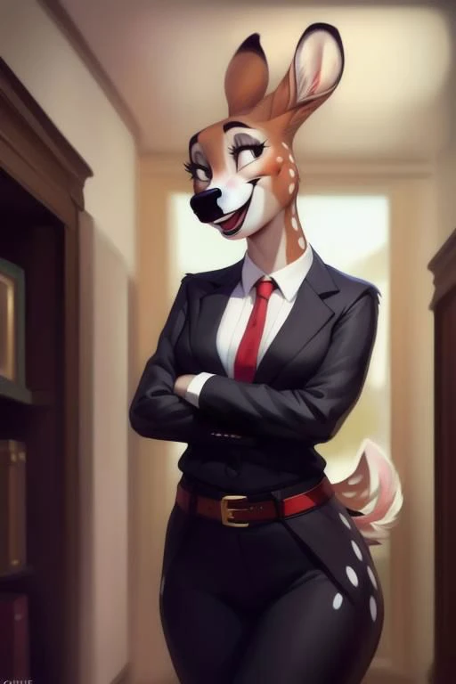 anthro,
furry,
full body,
laughing,
solo,
Cherished_Deer,
business suit,
secretary,
red belt,
(detailed background, depth of field), 
(intricate:1.1), 
(high detail:1.2), 
(soft focus), 
(masterpiece, best quality, 4k, 2k, shaded, absurd res), 
hyper realism, 
by Chunie, 
by CyanCapsule, 
by Hallogreen