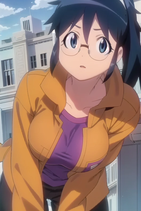 akihinata, <lora:aki hinata movie-lora-nochekaiser:1>,
aki hinata, long hair, blue hair, ponytail, glasses, (black eyes:1.3),
BREAK jacket, brown jacket, fur trim, long sleeves, shirt, purple shirt, collarbone, pants, black pants,
BREAK outdoors, city, sun, sky, clouds, buildings, people, crowd,
BREAK looking at viewer, (cowboy shot:1.5),
BREAK <lyco:GoodHands-beta2:1>, (masterpiece:1.2), best quality, high resolution, unity 8k wallpaper, (illustration:0.8), (beautiful detailed eyes:1.6), extremely detailed face, perfect lighting, extremely detailed CG, (perfect hands, perfect anatomy),