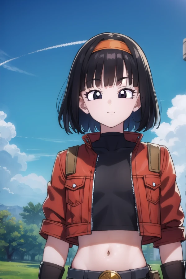 dragonballpan, <lora:dragon ball pan-lora-nochekaiser:1>,
pan xeno, short hair, bangs, black hair, gloves, navel, jacket, hairband, open clothes, black gloves, midriff, belt, pants, blunt bangs, (black eyes:1.5), crop top, black shirt, red jacket, cropped jacket, orange hairband, smile,
BREAK ,
BREAK outdoors, forest, nature, trees, grass, clouds, sky, sun,
BREAK looking at viewer, (cowboy shot:1.5),
BREAK <lyco:GoodHands-beta2:1>, (masterpiece:1.2), best quality, high resolution, unity 8k wallpaper, (illustration:0.8), (beautiful detailed eyes:1.6), extremely detailed face, perfect lighting, extremely detailed CG, (perfect hands, perfect anatomy),