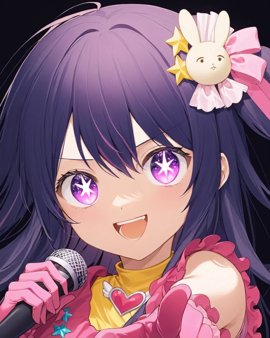 ai hoshino,1girl, solo, star_\(symbol\), black_background, looking_at_viewer, sideways, smile, open_mouth, pink_ribbon, pink_gloves, simple_background, holding_microphone, frills, star_hair_ornament, portrait, idol, teeth, index_finger_raised
<lora:hoshino_ai_(oshi_no_ko)_image2321_2023-12-06:1>,star-shaped_pupils,symbol-shaped_pupils,. gorgeous,key visual, vibrant, studio anime,award-winning, professional, highly detailed,high budget, cinemascope