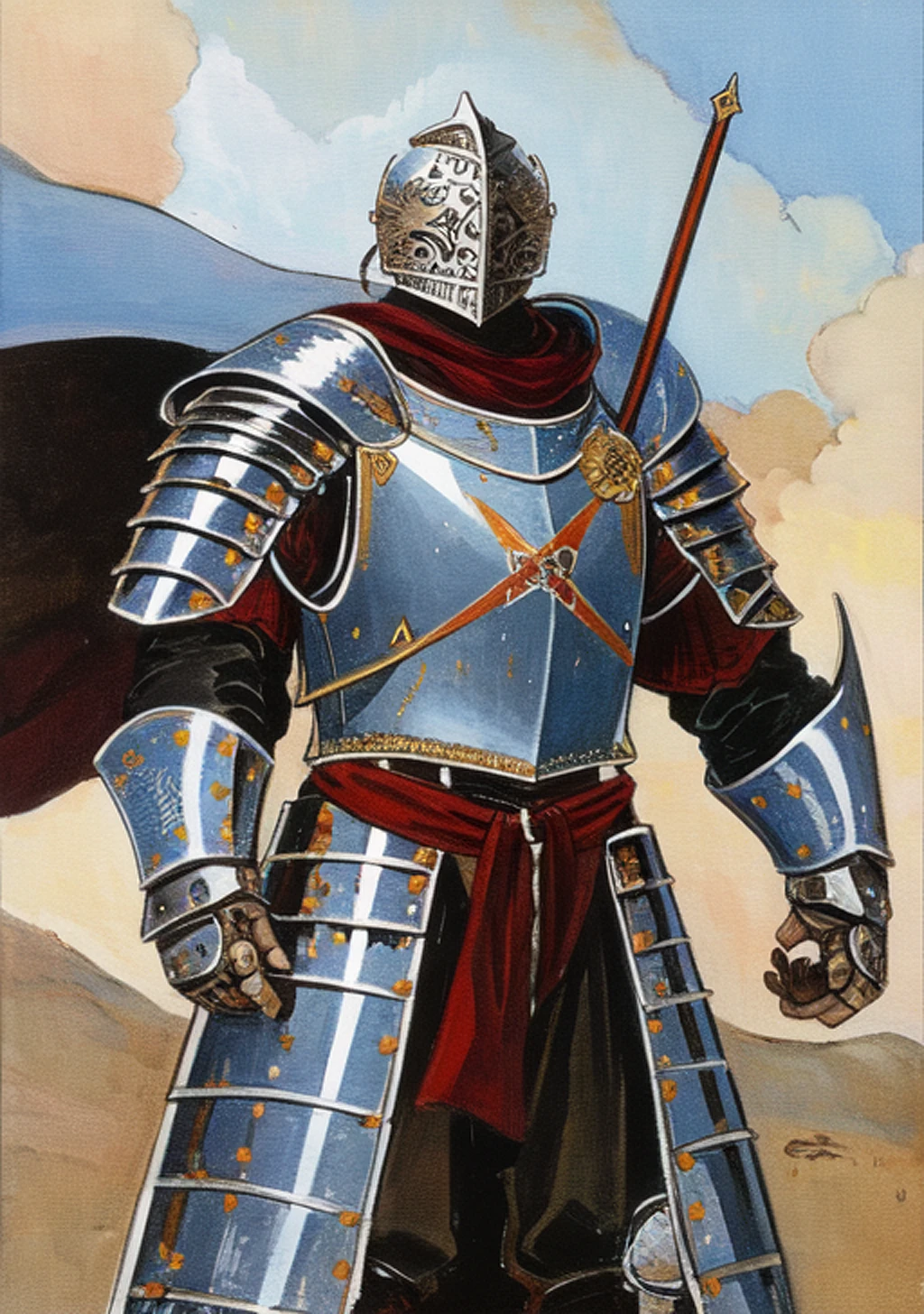 a painting of a medieval knight, heavily armored, masculine, wearing a helmet, strong image, aggressive pose, battle worn, rugged image