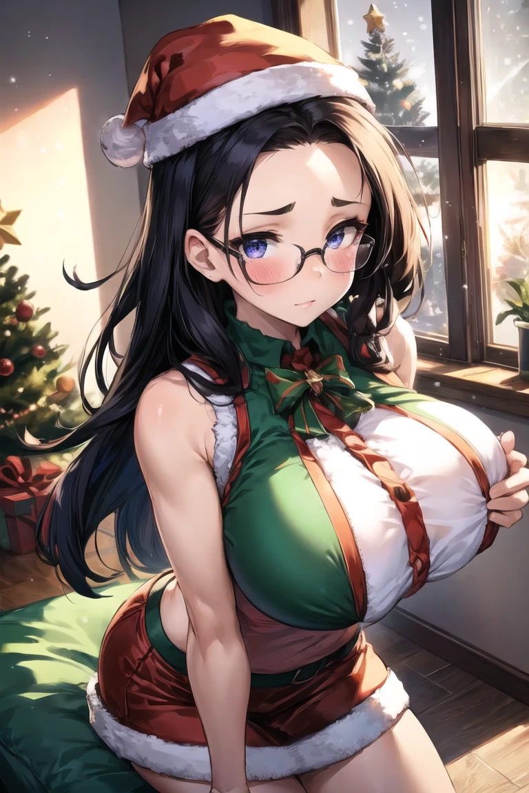 <lora:add_brightness:0.5><lora:add_detail:0.5>1 woman, large breast,  ,blush, forehead,  black hair,  glasses,sleeveless shirt, miniskirt, slit,
mini christmas tree, window,warming,  indoor,winter
 |<lora:SexySantasHelper:1>sshelper,
