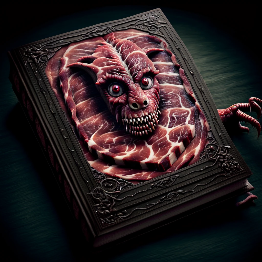 <lora:bookcover_v1:0.7>, book, meat, necronomicon, horror, food, monster