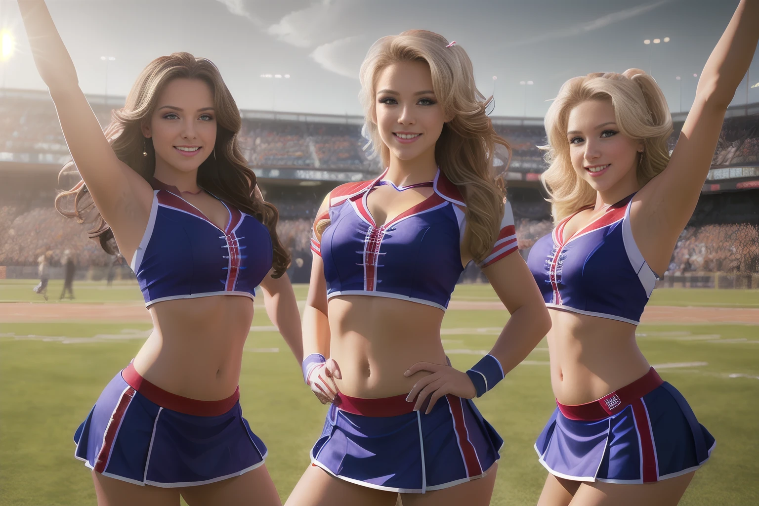 a line American cheerleaders on a field, smiling, (HDR, photorealistic:1.2), best quality, ultra-detailed, dynamic angle, best quality, looking at viewer, SFW, perfect face,