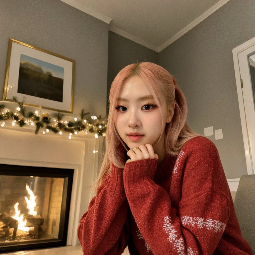 <lora:roseblackpink_sd15_512_128_64_v1:1> roseblackpink 1girl, wearing a sweater, christmas decoration cozy fireplace in background,