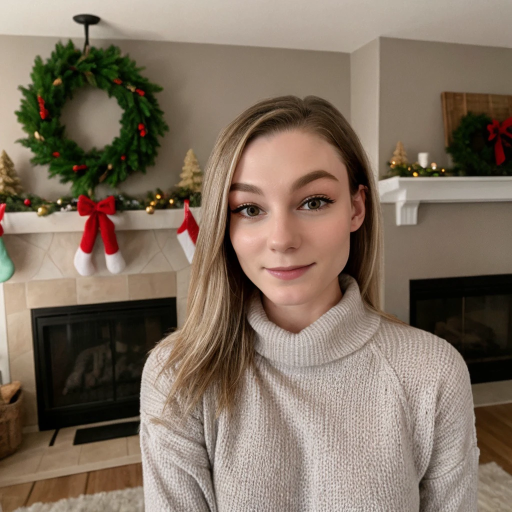 <lora:stpeach_sd15_512_128_64_v1:1>stpeach 1girl, wearing a sweater, christmas decoration cozy fireplace in background,