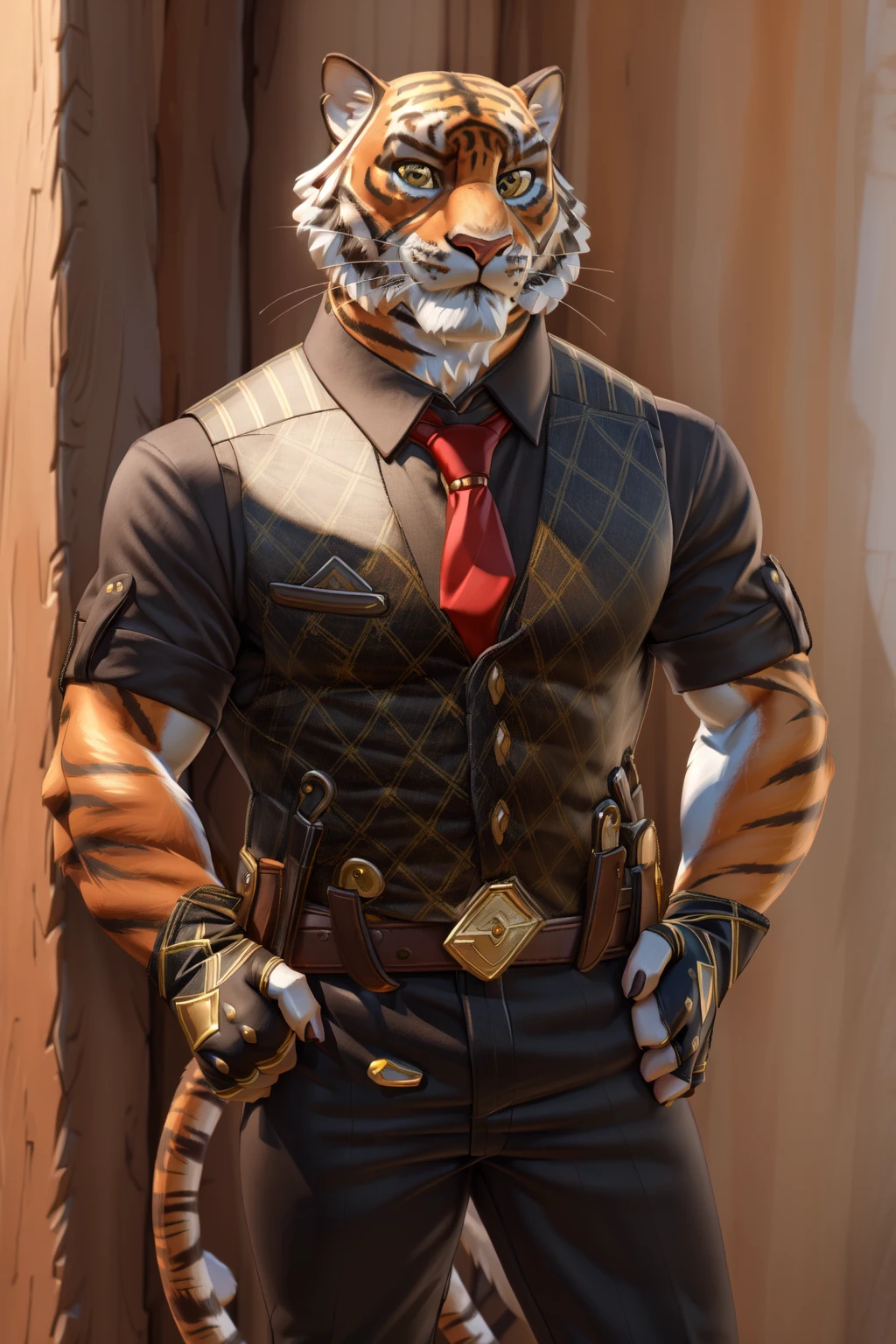 <lora:oscar-09:1>, oscarfortnite, yellow eyes, tail, long tail, mature male, (posing:1.3), (soft shading), 4k, hi res, five fingers, detailed hands, ((detailed face, (detailed eyes:1.5), detailed)), by zackarry911, by zaush, (by personalami:0.5), looking at viewer, shirt, gloves, 1boy, short sleeves, male focus, cowboy shot, necktie, black gloves, collared shirt, belt, pants, fingerless gloves, vest, black pants, red necktie, sleeves rolled up, bulge, hands on hips, black vest