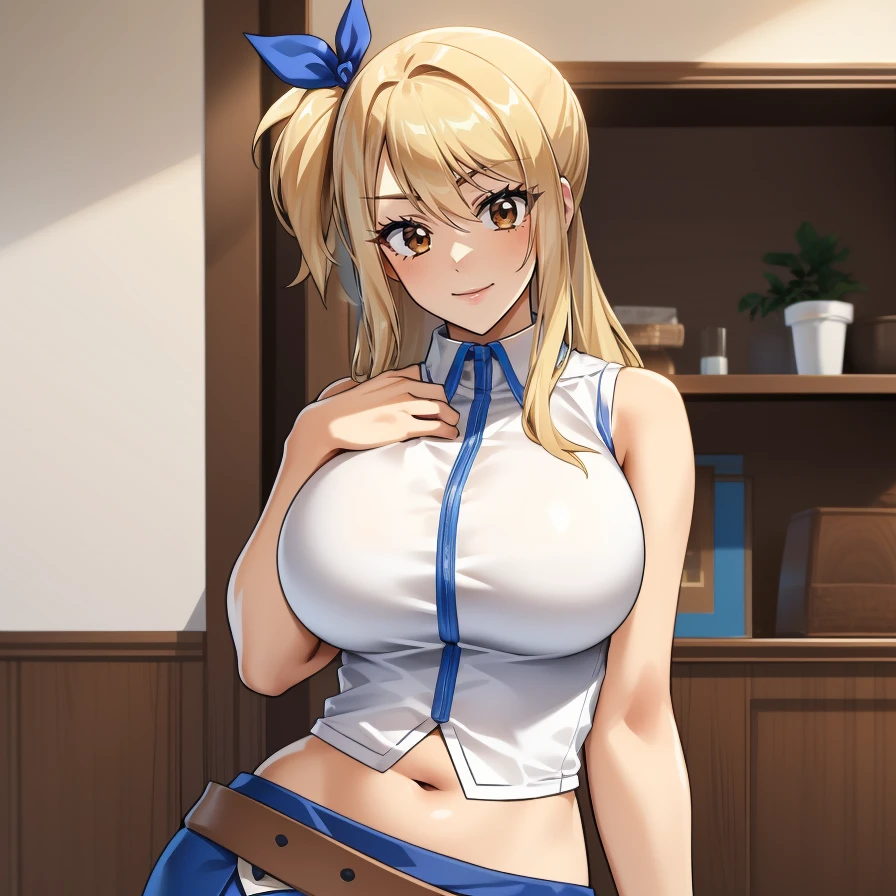 (masterpiece, best quality:1.2), Reine, Thin Lineart, Soft Shading, Film Grain, 1girl, solo, seductive smile, soft light, looking at viewer, breasts, closed mouth, dynamic pose, blonde hair, (light brown eyes), lucy heartfilia, long hair, white shirt, sleeveless, belt, blue skirt, midriff, <lora:lucy_heartfilia_v11:.8>, huge breasts, mature female, wide hips, <lora:Reine Style Lora:.8>