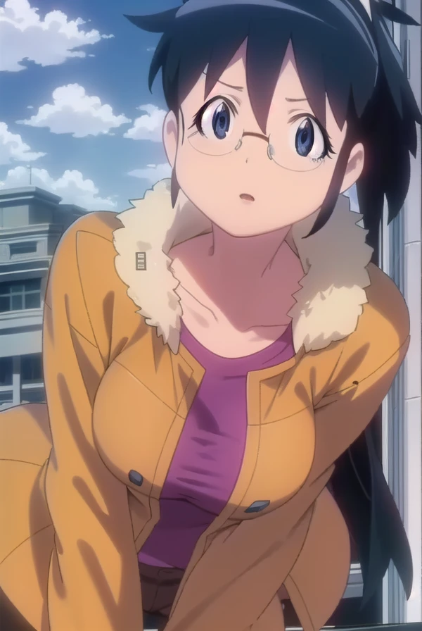 akihinata, <lora:aki hinata movie-lora-nochekaiser:1>,
aki hinata, long hair, blue hair, ponytail, glasses, (black eyes:1.3),
BREAK jacket, brown jacket, fur trim, long sleeves, shirt, purple shirt, collarbone, pants, black pants,
BREAK outdoors, city, sun, sky, clouds, buildings, people, crowd,
BREAK looking at viewer, (cowboy shot:1.5),
BREAK <lyco:GoodHands-beta2:1>, (masterpiece:1.2), best quality, high resolution, unity 8k wallpaper, (illustration:0.8), (beautiful detailed eyes:1.6), extremely detailed face, perfect lighting, extremely detailed CG, (perfect hands, perfect anatomy),