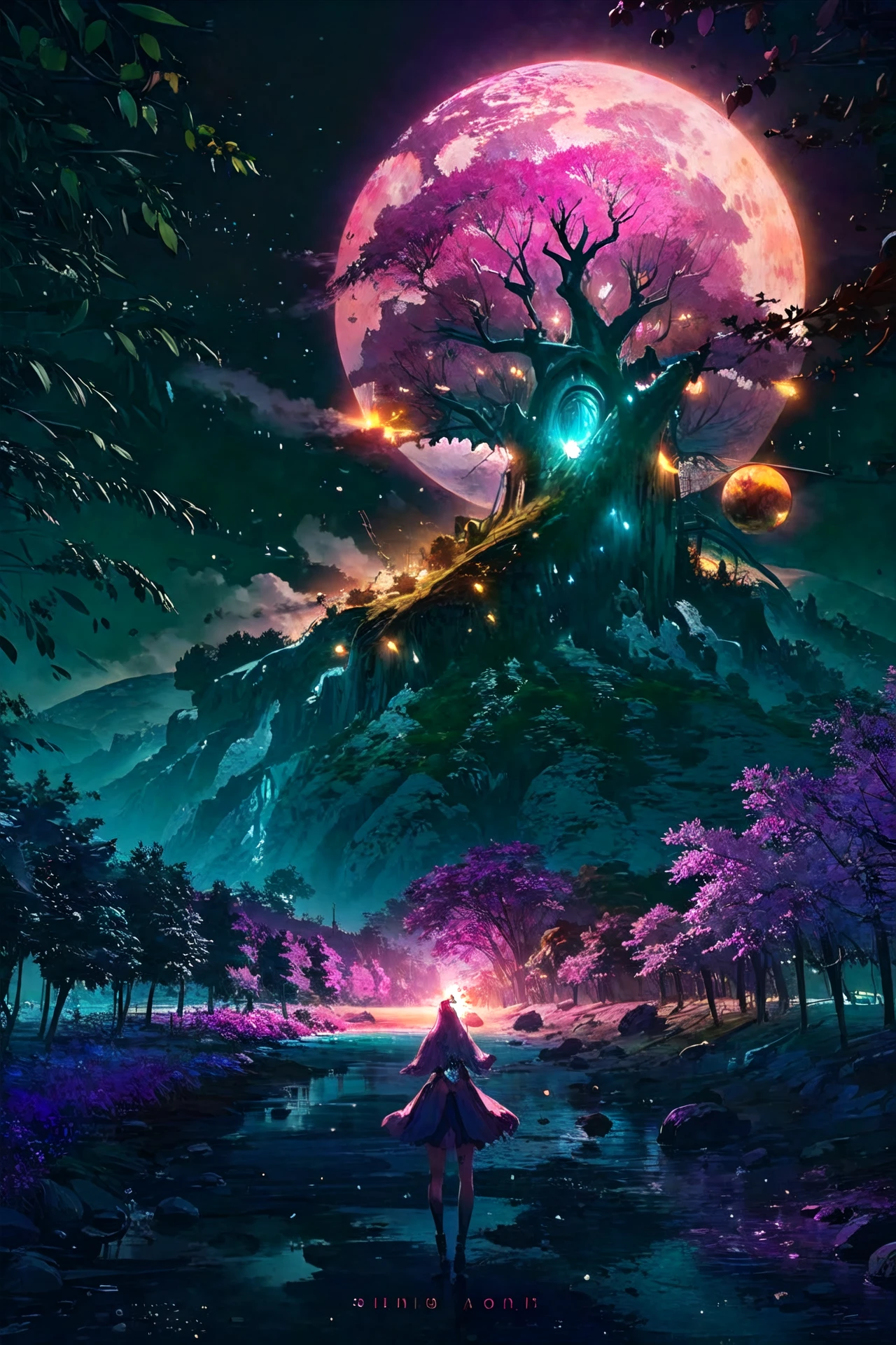 <lora:Grand Scale:1>, grandscale, single massive tree, , gigantic tree, (single tree:1.2), (one tree:1.2), on island, (pink tree:1.4), cherry tree, <lora:LowRA:0.8> dark theme, night, fireflies, blue glowing orbs, magic, magical aura around tree, elf girl approaching tree