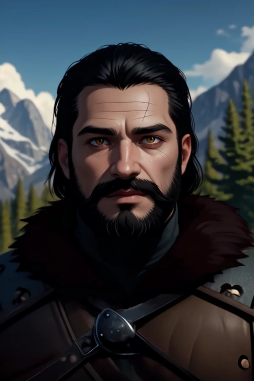 witcher, masterpiece, best quality, solo, 1boy, facial hair, beard, male focus, outdoors, mountain, short hair, black hair, yellow eyes, tree, upper body, sky, day, fur trim, mature male, looking at viewer, mustache, <lora:CartoonCraftLora_V1:0.75>