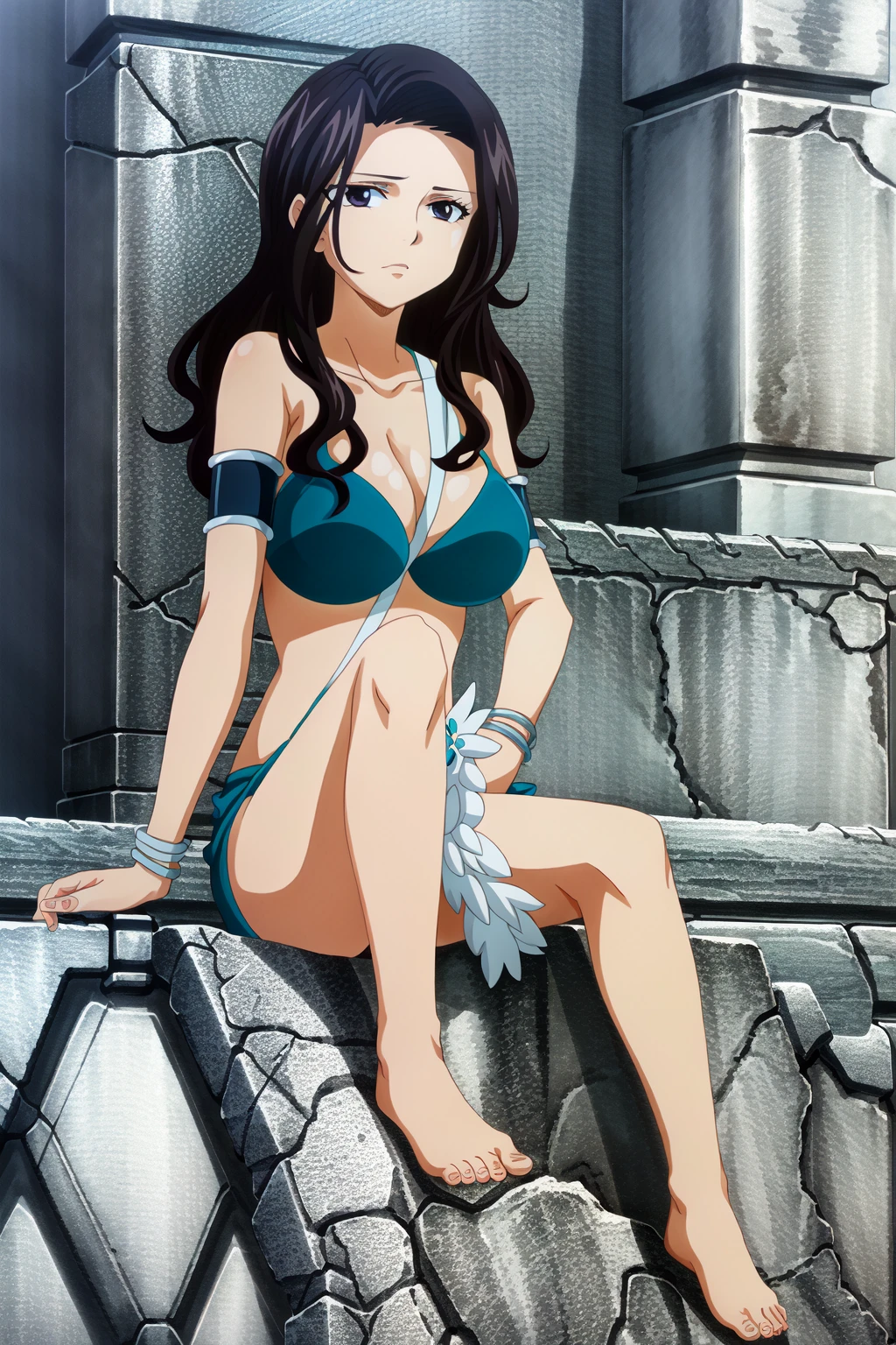 (extremely detailed CG unity 4k wallpaper),(masterpiece),(ultra quality),(ultra-detailed),(best illustration),(best shadow),(absurdres),(detailed background), <lora:OGT_Cana_Alberona-v2:1> Cana Alberona, 1girl, solo, long hair, barefoot, swimsuit, bikini, water, jewelry, breasts, sitting, bracelet, cleavage, brown hair, black hair, large breasts