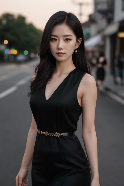 mature, ((upper body:1.2)), nikon RAW photo, 8 k, long hair, Fujifilm XT3,masterpiece, best quality, realistic, photorealistic, ultra detailed, extremely detailed face, solo,1girl, standing, close up, black dress, walking, at the dark streets, moonrise, sleeveless, fabric clothes,<lbm=FACES>