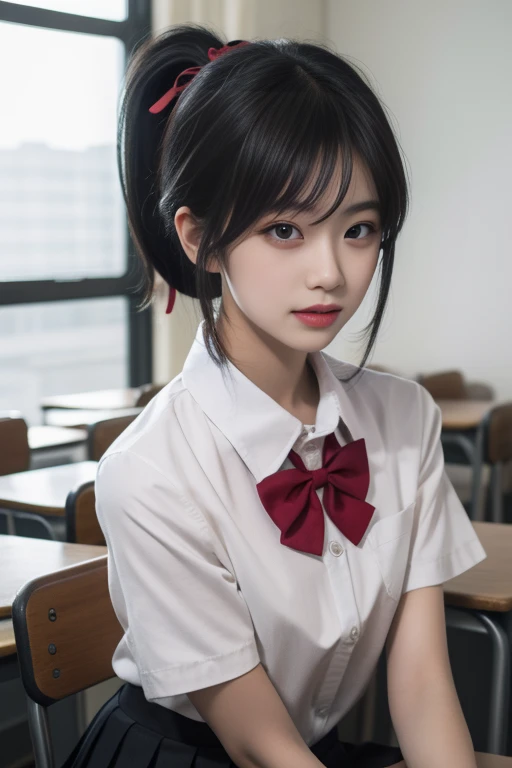 ultra-detailed,highly detailed,best quality,masterpiece,illustration,realistic,
school uniform, solo, 1girl,
red dress,hair ribbon,collared shirt, pinafore dress, pleated skirt, long skirt, short sleeves, bowtie,
standing,looking at viewer, \m/,cowboy shot,
black hair, very long hair, hair hair over shoulder, brown hair, bangs,
blurry background, photo background,indoors,school, classroom,
<lora:school uniform__hnq_v1_05:0.7>
