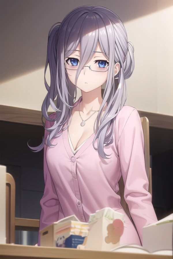reinamurasame, <lora:reina murasame s2-lora-nochekaiser:1>,
reina murasame, long hair, blue eyes, grey hair, side ponytail, hair between eyes,
BREAK shirt, (pink shirt:1.2), cleavage, collarbone, necklace, labcoat, white labcoat, skirt, pencil skirt, black skirt, open clothes, glasses, stuffed toy, stuffed animal, teddy bear,
BREAK indoors, classroom,
BREAK looking at viewer, (cowboy shot:1.5),
BREAK <lyco:GoodHands-beta2:1>, (masterpiece:1.2), best quality, high resolution, unity 8k wallpaper, (illustration:0.8), (beautiful detailed eyes:1.6), extremely detailed face, perfect lighting, extremely detailed CG, (perfect hands, perfect anatomy),