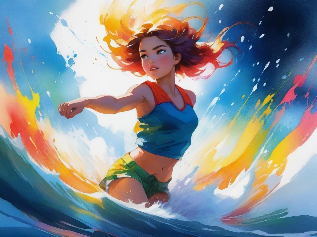 Image depicting teenage girl with maroon hair riding a float in a swimsuit in the 8K sea、Incorporating the light of the blue sky and horizon、Please express yourself with a bright and refreshing image。