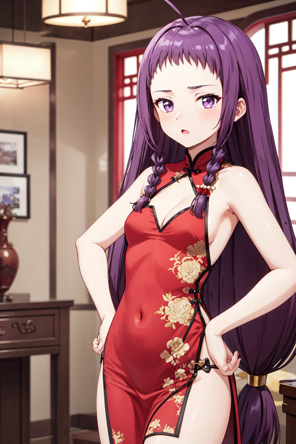 masterpiece,best quality,highres,ultra-detailed,aayue,1girl,purple eyes,purple hair,long hair,ahoge,twin braids,braid,oden,<lora:ayase_yue:0.8>,small breasts,bare shoulders,china dress,chinese clothes,short dress,cleavage cutout,sideboob,thighs,hands_on_hips,furrowed_brow,indoors,