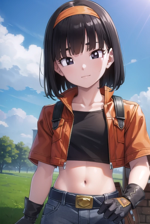 dragonballpan, <lora:dragon ball pan-lora-nochekaiser:1>,
pan xeno, short hair, bangs, black hair, gloves, navel, jacket, hairband, open clothes, black gloves, midriff, belt, pants, blunt bangs, (black eyes:1.5), crop top, black shirt, red jacket, cropped jacket, orange hairband, smile,
BREAK ,
BREAK outdoors, forest, nature, trees, grass, clouds, sky, sun,
BREAK looking at viewer, (cowboy shot:1.5),
BREAK <lyco:GoodHands-beta2:1>, (masterpiece:1.2), best quality, high resolution, unity 8k wallpaper, (illustration:0.8), (beautiful detailed eyes:1.6), extremely detailed face, perfect lighting, extremely detailed CG, (perfect hands, perfect anatomy),