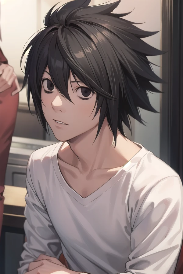 lawliet, <lora:lawliet manga-lora-nochekaiser:1>,
lawliet, male focus, spiked hair, (black eyes:1.5), black hair,
BREAK shirt, white shirt, collarbone, long sleeves, pants, denim,
BREAK indoors,
BREAK looking at viewer, (cowboy shot:1.5),
BREAK <lyco:GoodHands-beta2:1>, (masterpiece:1.2), best quality, high resolution, unity 8k wallpaper, (illustration:0.8), (beautiful detailed eyes:1.6), extremely detailed face, perfect lighting, extremely detailed CG, (perfect hands, perfect anatomy),
