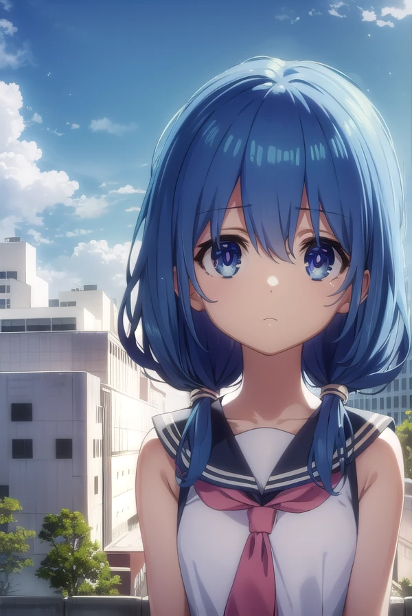 dalyoshino, <lora:dal yoshino s2-lora-nochekaiser:1>,
yoshino casual, long hair, blue eyes, twintails, school uniform, blue hair, eyepatch, puppet, hand puppet, serafuku, sleeveless,
BREAK ,
BREAK outdoors, city, sky, clouds, buildings, sun,
BREAK looking at viewer, (cowboy shot:1.5),
BREAK <lyco:GoodHands-beta2:1>, (masterpiece:1.2), best quality, high resolution, unity 8k wallpaper, (illustration:0.8), (beautiful detailed eyes:1.6), extremely detailed face, perfect lighting, extremely detailed CG, (perfect hands, perfect anatomy),