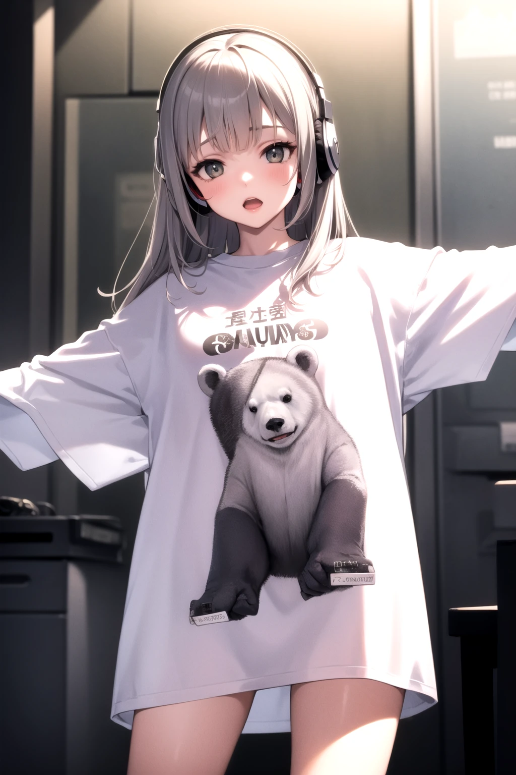<lora:oversized_shirt_v0.2:1.0>
1girl, t-shirt, cartoon white polar bear print,outstretched arms, naked shirt, headphones,, masterpiece, best quality, highly detailed