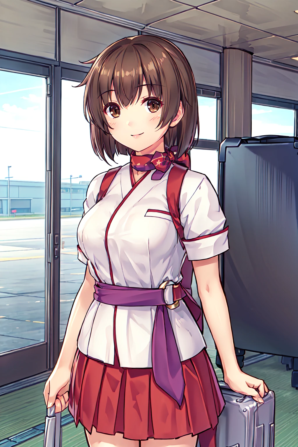 (masterpiece), (best quality), (ultra-detailed), photorealistic, (best illustration), (an extremely delicate and beautiful),1girl, solo, hiryuuair, white shirt, red skirt, red scarf, purple ribbon, brown hair, cowboy shot, name tag, red pocket, smile, pleated skirt, depth of field, airport gate, podium, jetway, short sleeves, indoors, large breasts, glass, airplane, boeing 767,<lora:hiryuu_all_nai_6-24:0.8:lbw=INS_MIDD>, rolling suitcase,