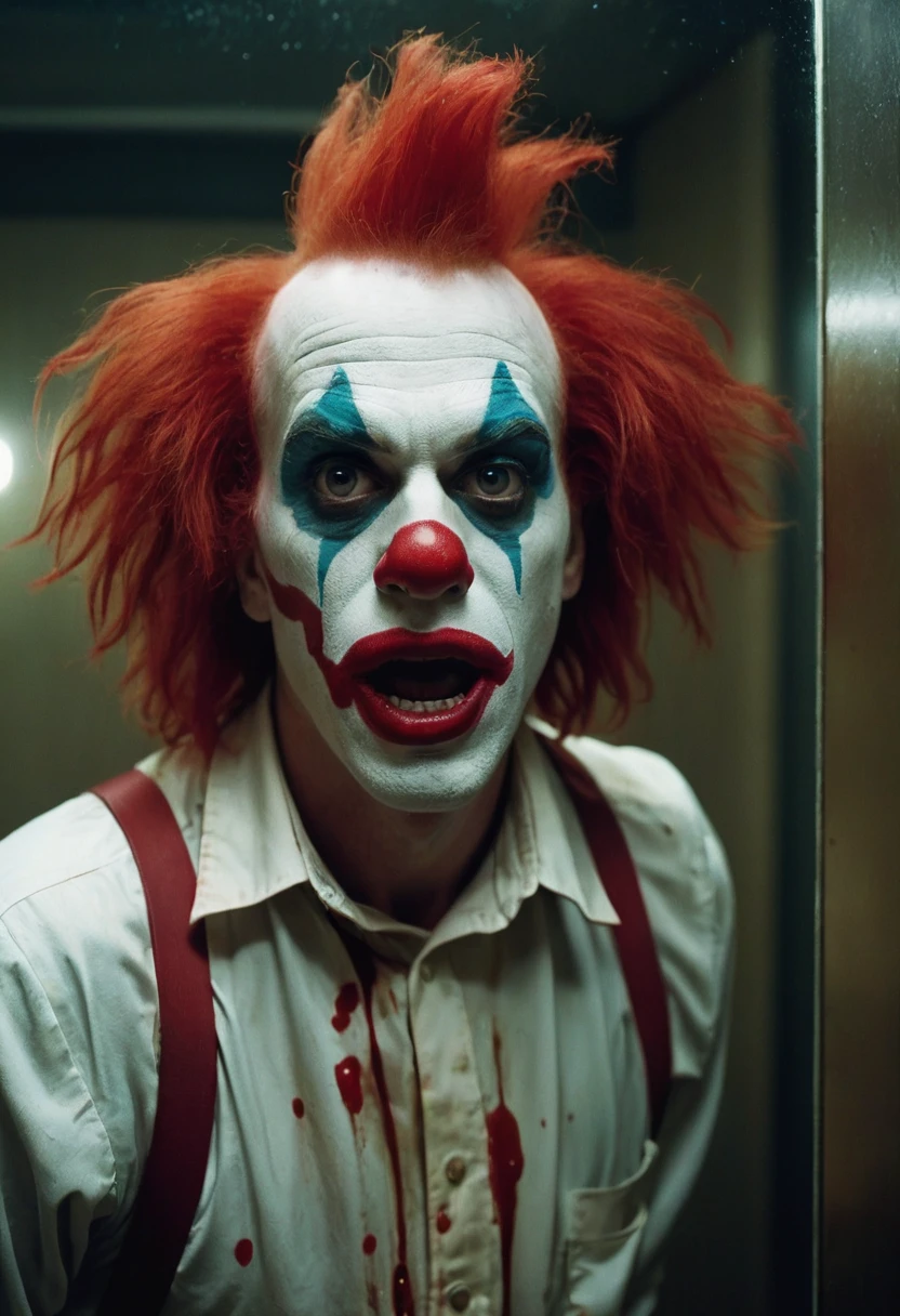 A cinematic photo of a 25 year old half american half scottish killer clown, big forehead, red clown wig, running into a glass mirror breaking his face into glass pieces, Blood glass shattering, he is in a dimly lit beat down grim public restroom, bloody red sparkly glitter clown costume, Blood on walls, broken lights, horror, vhs, film grain, Zombie in background, Scared look, brown lighting, grey lighting, ultra detailed, Atmospheric, Dramatic, Masterpiece,