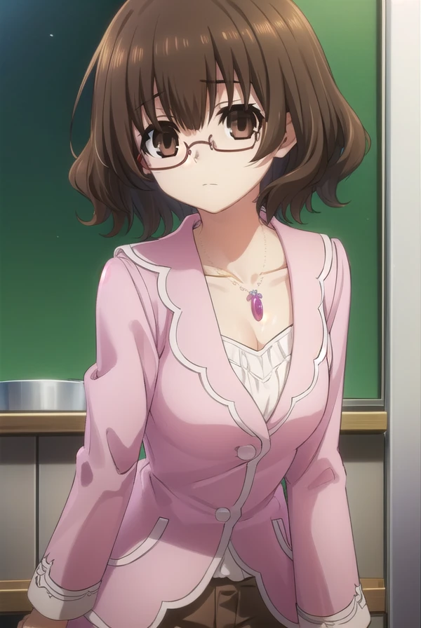 tamaeokamine, <lora:tamae okamine s2-lora-nochekaiser:1>,
tamae okamine, short hair, bangs, brown hair, (brown eyes:1.5), glasses, semi-rimless eyewear, red-framed eyewear, under-rim eyewear, bespectacled,
BREAK shirt, long sleeves, jewelry, necklace, pink shirt, collarbone,
BREAK indoors, classroom,
BREAK looking at viewer, (cowboy shot:1.5),
BREAK <lyco:GoodHands-beta2:1>, (masterpiece:1.2), best quality, high resolution, unity 8k wallpaper, (illustration:0.8), (beautiful detailed eyes:1.6), extremely detailed face, perfect lighting, extremely detailed CG, (perfect hands, perfect anatomy),