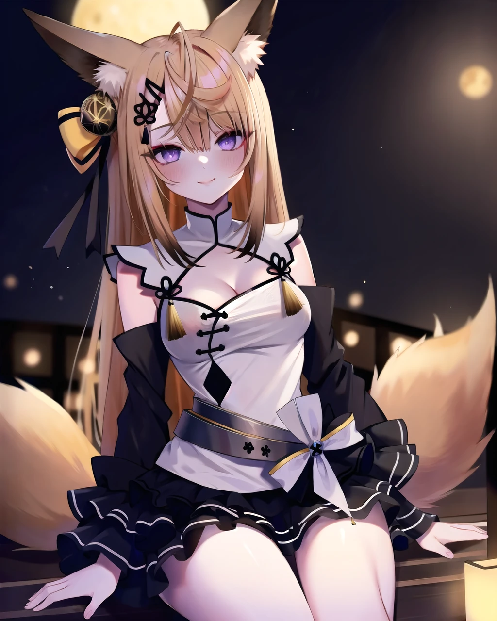 (masterpiece, best quality:1.2), girl, 1girl, solo, kokuri, 1girl, solo, purple eyes, ahoge, brown blonde long hair, hair ornament, hair bell, hair ribbon, hairclip, white chinese clothes, cleavage, cleavage cutout, black frilled skirt, detached frilled black sleeves, fox girl, fox ears, gray belt, BREAK
sitting, onsen, hot springs, warm night lights, smile, blush, aroused, <lora:Kokuri_22:1>