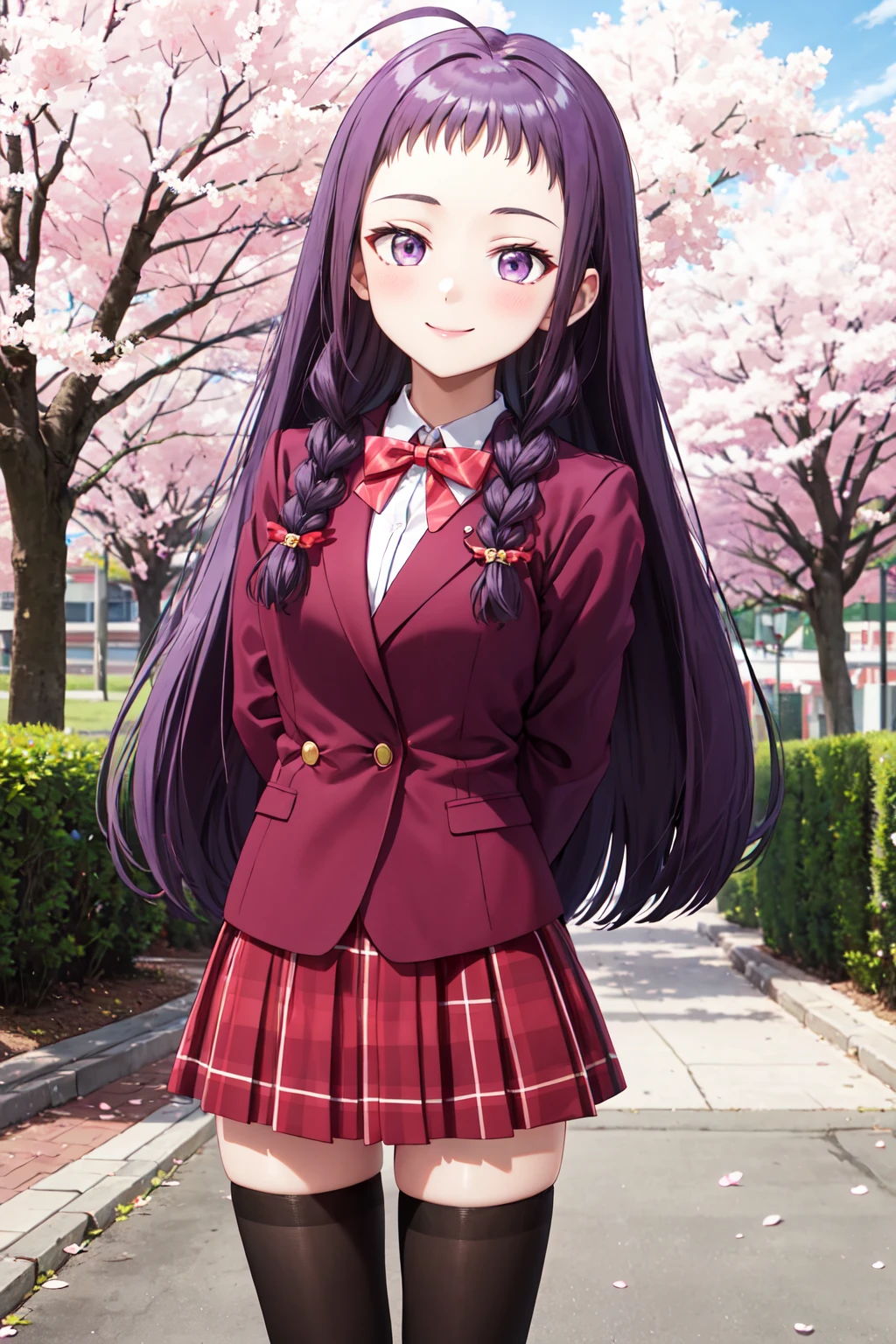 masterpiece,best quality,highres,ultra-detailed,bbyue,1girl,purple eyes,purple hair,long hair,ahoge,twin braids,braid,oden,school uniform,(blazer:1.2),red jacket,red bowtie,red vest,collared shirt,white shirt,plaid skirt,thighhighs,(black thighhighs:1.2),loafers,<lora:ayase_yue:0.8>,outdoors,standing,smile,cherry blossoms,cowboy shot,arms_behind_back,
