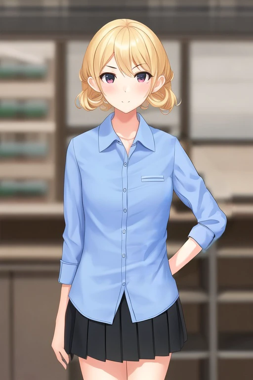 1girl
, looking at viewer
, blue shirt, collared shirt, miniskirt
, blurry background
, blonde hair
, hand behind back
<lora:miura12:0.7>