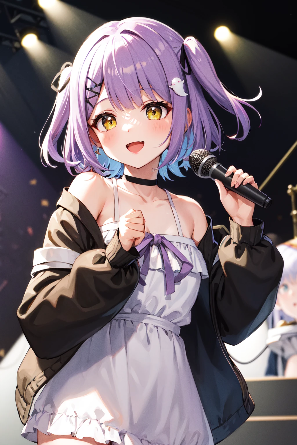 masterpiece, best quality, highres, aaruna, short hair, two side up, black ribbon, hair ornament, hairclip, black choker, collarbone, bare shoulders, frills, white dress, purple ribbon, off shoulder, black jacket, open jacket, long sleeves, sleeves past wrists, bandages, <lora:shinomiya_runa_v1:0.7>, stage, holding microphone, smile, open mouth,