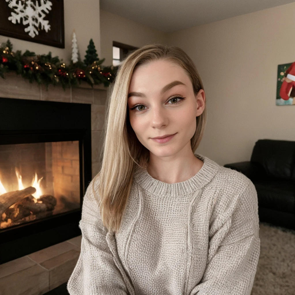 <lora:stpeach_sd15_512_128_64_v1:1>stpeach 1girl, wearing a sweater, christmas decoration cozy fireplace in background,