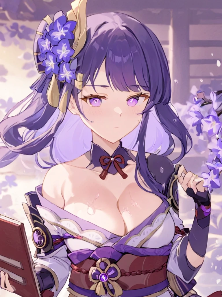 <lora:leishen3:1>,raiden_shogun, 1girl, mole, holding, hair_ornament, japanese_clothes, solo, looking_at_viewer, bridal_gauntlets, breasts, cleavage, sash, purple_flower, shoulder_armor, obi, armor, holding_book, vision_\(genshin_impact\), ribbon, sweatdrop, kimono, blunt_bangs, closed_mouth, book, long_sleeves, bow