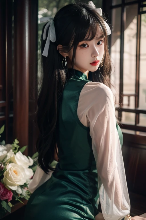 ltra-detailed,highly detailed,best quality,masterpiece,illustration,realistic,
yaozhi, 1girl, solo,mole,
chinese clothes,china dress,see-through sleeves,
earrings, bracelet,hair ribbon,
bangs,very long hair,
looking at viewer,
<lora:yaozhi_v2_09:0.7>