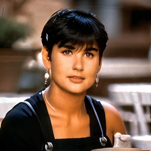 (((full body))) <lora:DemiMooreYoungv2Lora:1> woman, with, earrings, necklace, young sitting on a pottery table with short hair wearing dungarees and a pullover and pants ((doing pottery)),beautiful girl, high detail skin, high detail eyes, high detail hair,