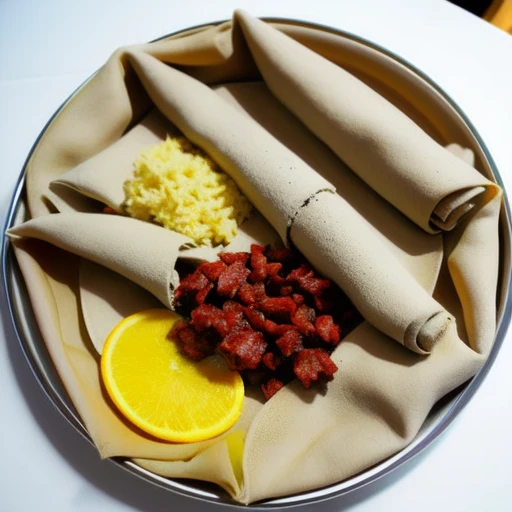 <lora:injera_v1:0.5>, food, injera, food, injera_focus, no_humans, photo_\(medium\), plate, realistic, unconventional_media