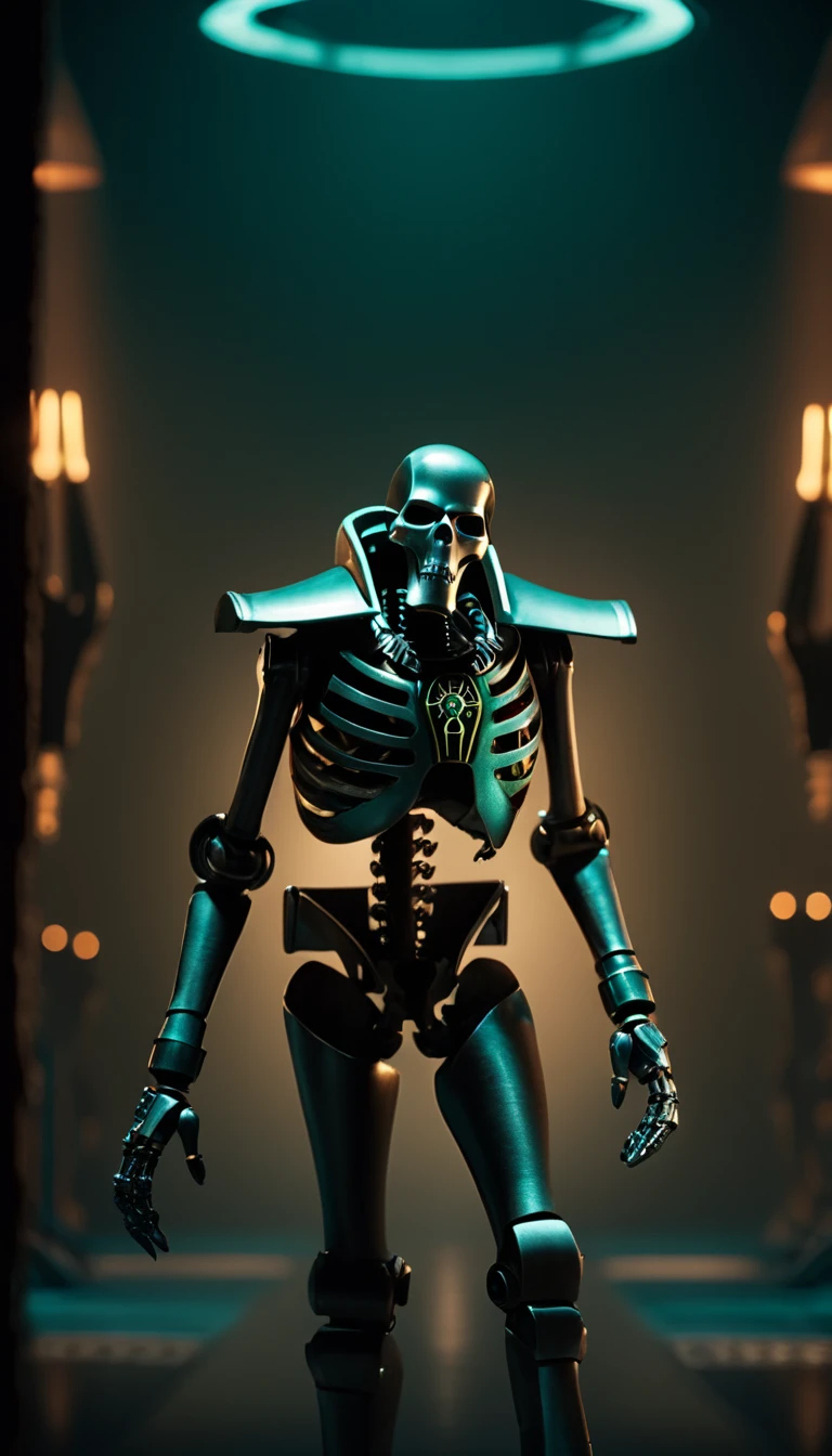 cinematic film still Necrons, scenery, detailed background, masterpiece, best quality, high quality, absurdres <lora:necrons_xl_v1:1> . shallow depth of field, vignette, highly detailed, high budget Hollywood movie, bokeh, cinemascope, moody, epic, gorgeous, film grain, grainy
