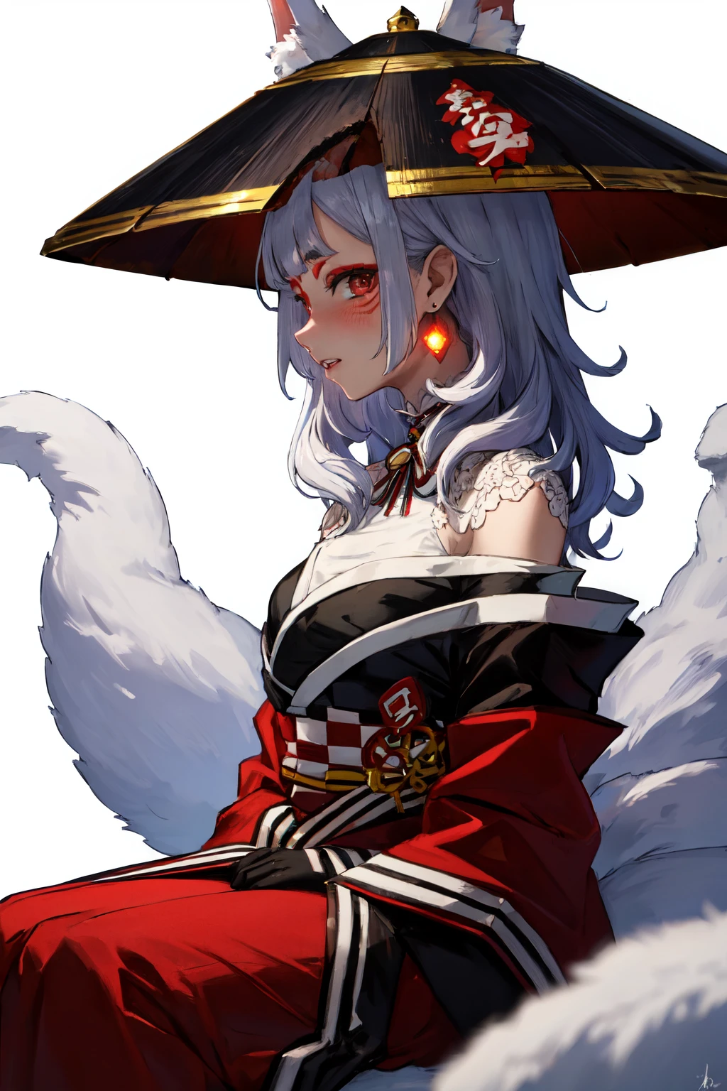 masterpiece, (detailed, highres, best quality), <lora:spninaKosaka:1> kosaka1st, medium hair, facial mark, red eyeshadow, forehead mark, makeup, fox ears, animal ear fluff, fox tail, multiple tails, single earring, black gloves, halterneck, black kimono, off shoulder, red kimono, obi, checkered sash, neck ribbon, neck bell, black headwear, dated, portrait, signature, simple background, white background, arms at sides, blush, looking at viewer, parted lips, sitting, solo, Profile View