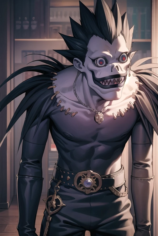 ryuk, <lora:ryuk manga-lora-nochekaiser:1>,
ryuk, jewelry, male focus, teeth, belt, necklace, grin, sharp teeth, spiked hair, skull, crazy eyes, horror \(theme\),
BREAK ,
BREAK indoors,
BREAK looking at viewer, (cowboy shot:1.5),
BREAK <lyco:GoodHands-beta2:1>, (masterpiece:1.2), best quality, high resolution, unity 8k wallpaper, (illustration:0.8), (beautiful detailed eyes:1.6), extremely detailed face, perfect lighting, extremely detailed CG, (perfect hands, perfect anatomy),
