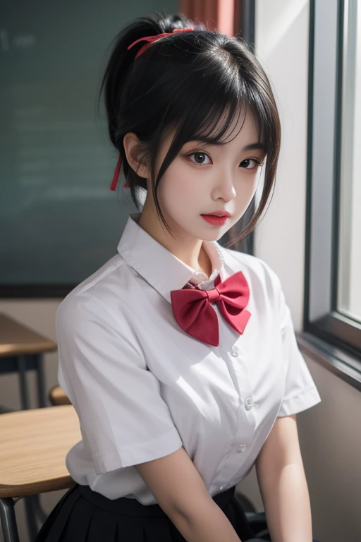 ltra-detailed,highly detailed,best quality,masterpiece,illustration,realistic,
miyamizu mitsuha, 1girl, solo,looking at viewer,portrait,
black hair, ponytail, short hair,
school uniform, hair ribbon,bowtie,short sleeves, collared shirt, pleated skirt,
indoors, classroom,
<lora:miyamizu mitsuha_v1_02:0.7>