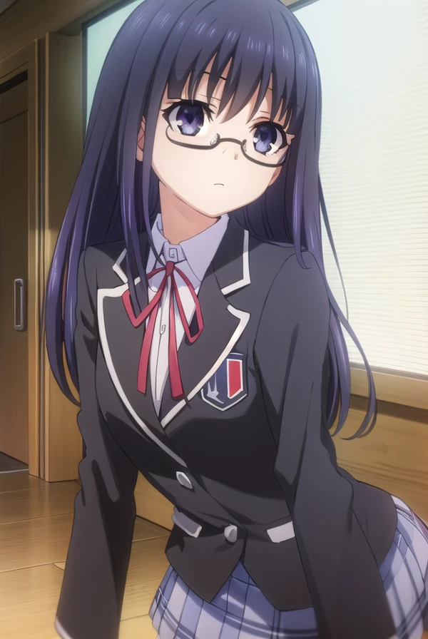miifujibakama, <lora:mii fujibakama s2-lora-nochekaiser:1>,
mii fujibakama, long hair, black hair, (purple eyes:1.1), glasses,
BREAK school uniform, blazer, black blazer, shirt, white shirt, collared shirt, skirt, blue skirt, ribbon, red ribbon,
BREAK indoors, classroom,
BREAK looking at viewer, (cowboy shot:1.5),
BREAK <lyco:GoodHands-beta2:1>, (masterpiece:1.2), best quality, high resolution, unity 8k wallpaper, (illustration:0.8), (beautiful detailed eyes:1.6), extremely detailed face, perfect lighting, extremely detailed CG, (perfect hands, perfect anatomy),