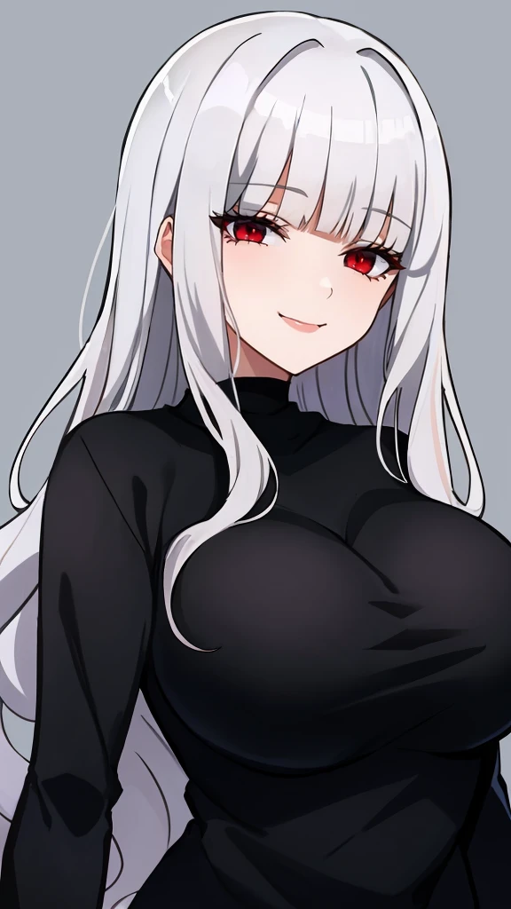 masterpiece, best quality, modeus(helltaker), drooling, formal, black horns, large breasts, open mouth, simple background, red eyes, long sleeves, symbol-shaped pupils, upper body, solo, sweater, white hair, black suit, ribbed sweater, blush, turtleneck, 1girl, heart, jacket, demon horns, horns, heart-shaped pupils, red sweater, red background, looking at viewer, own hands together, suit, demon girl